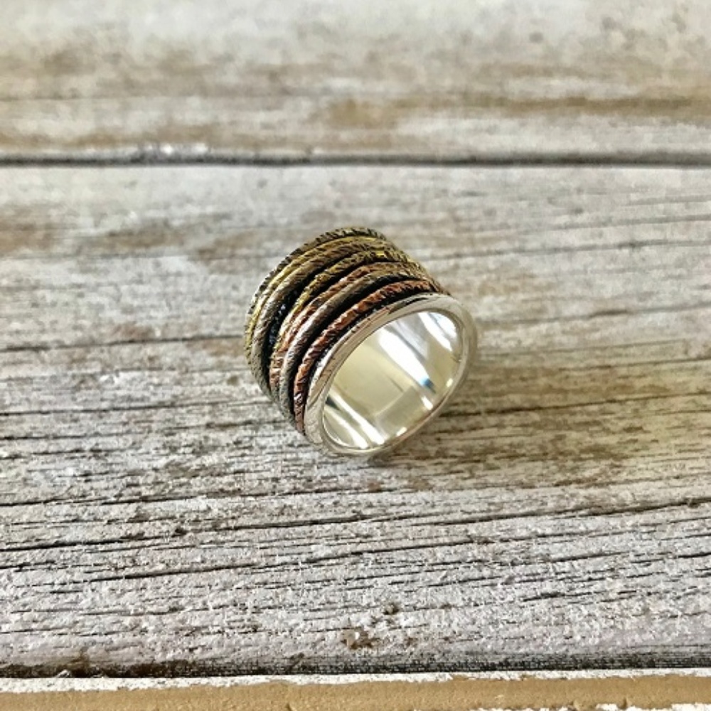 Sterling Silver Oxidized Ring with Tri Tone Bands
